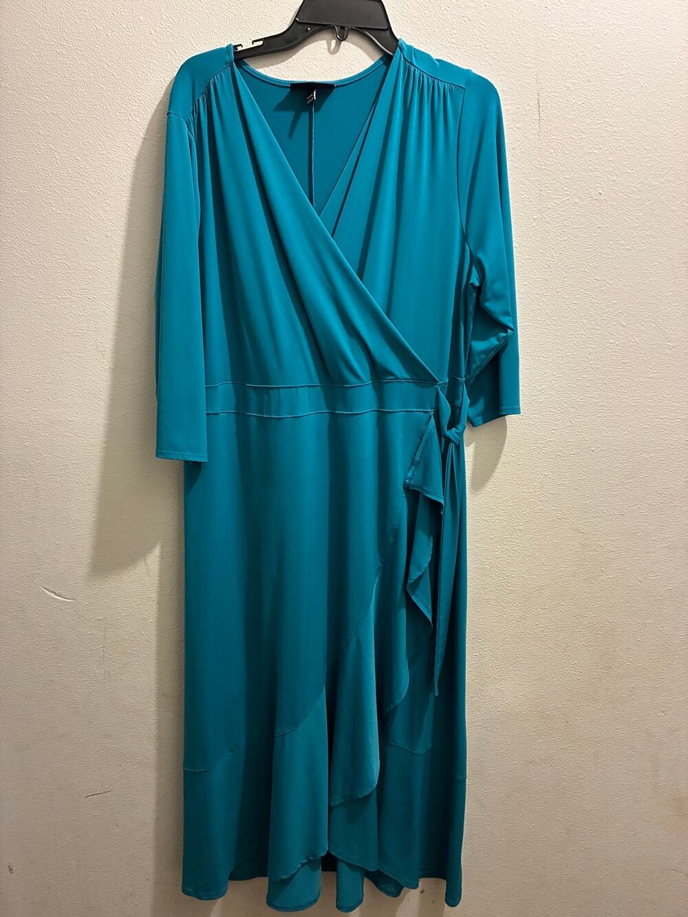 Lane Bryant Teal Faux Wrap Midi Dress Size 18 3/4 Sleeve Ruffle Plus Size
